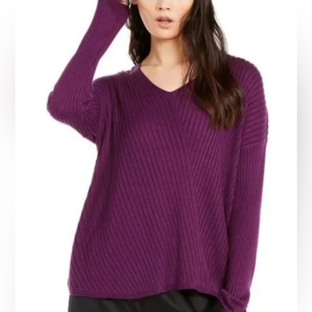 Eileen Fisher  Sz M Raisinette Purple Tencel Cotton Silk V-Neck Tunic Ribbed Top